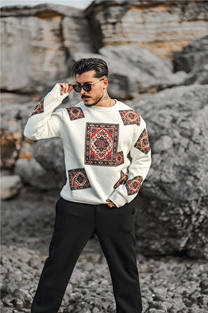 Erkek Kilim Desen Şardonlu Sweatshirt Beyaz