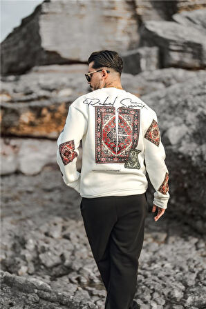 Erkek Kilim Desen Şardonlu Sweatshirt Beyaz