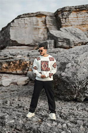 Erkek Kilim Desen Şardonlu Sweatshirt Beyaz