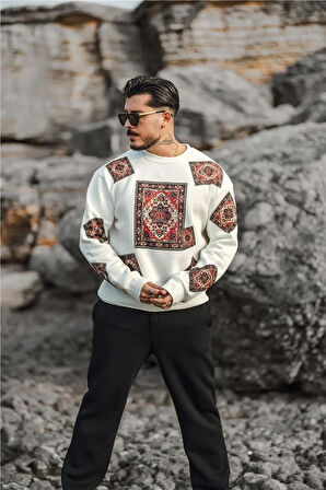 Erkek Kilim Desen Şardonlu Sweatshirt Beyaz