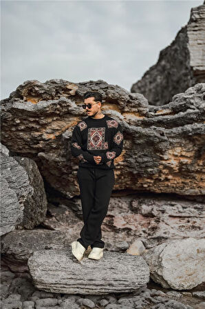 Erkek Kilim Desen Şardonlu Sweatshirt Siyah