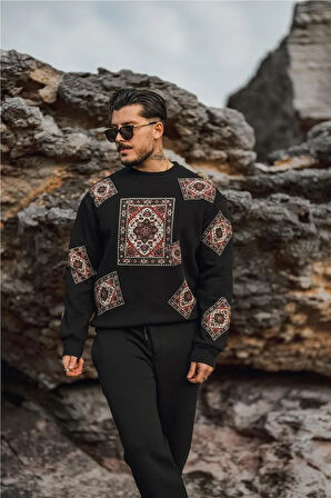 Erkek Kilim Desen Şardonlu Sweatshirt Siyah