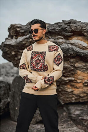 Erkek Kilim Desen Şardonlu Sweatshirt Bej