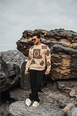 Erkek Kilim Desen Şardonlu Sweatshirt Bej