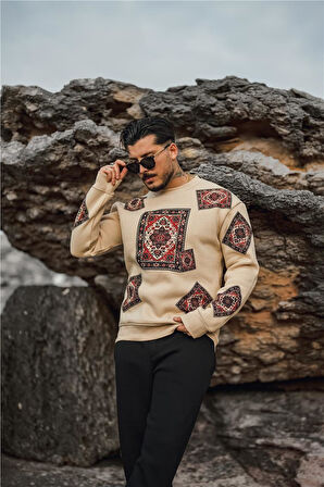 Erkek Kilim Desen Şardonlu Sweatshirt Bej