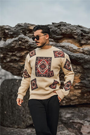 Erkek Kilim Desen Şardonlu Sweatshirt Bej