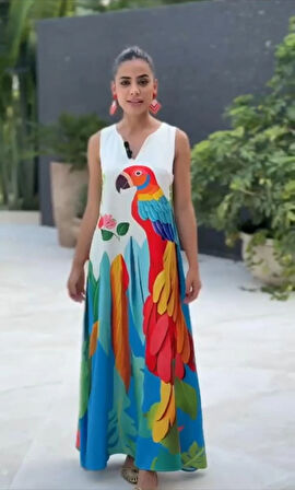 Kadın Micro Kumaş Papağan Desenli Cep Detaylı Elbise