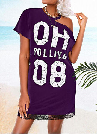 Etek Ucu Dantelli Tek Omuz Açık Yazı Baskılı Viskon Mini Elbise