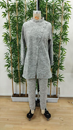 Kadın Uzun Kollu Balıkçı Yaka önden Düğmeli Bluz Ve Pantolon Yumoş Ikili Takım