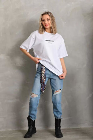 Unisex Baskılı Oversize T-Shirt - Beyaz