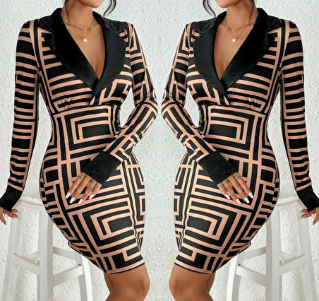 Kadın Uzun Kollu Ceket Yaka Labirent Desen Mikro Mini Elbise