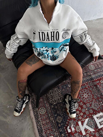 Yarım Fermuarlı Oversize Baskılı SweatShirt - Beyaz