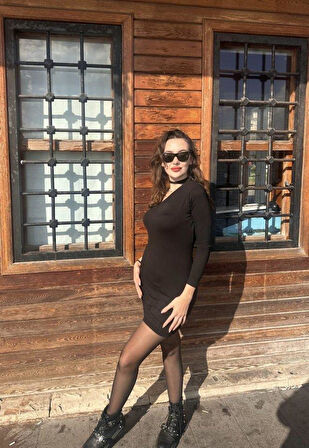 Kadın Uzun Kollu Tek Omuz Ve Kol Açık Detay Viskon Mini Boy Elbise