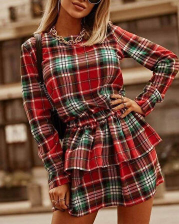 Kadın Ekose Kumaş Dijital Baskılı Uzun Kollu Mini Boy Elbise