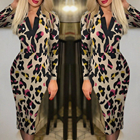 Kadın Uzun Kollu V Yaka Puantiyeli Krep Midi Boy Elbise