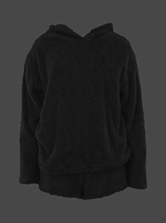 Kadın Uzun Kollu Meow Kedi Nakışlı Kapşonlu Peluş Sweat Ve Short Ikili Takım