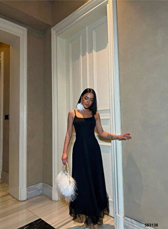 Kadın Omuz Askılıeteği Tül Volan Detay Midi Boy Elbise