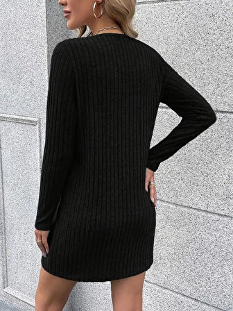 Kadın Uzun Kollu Yakadan Fermuarlı Kısa şardonlu Kaşkorse Elbise