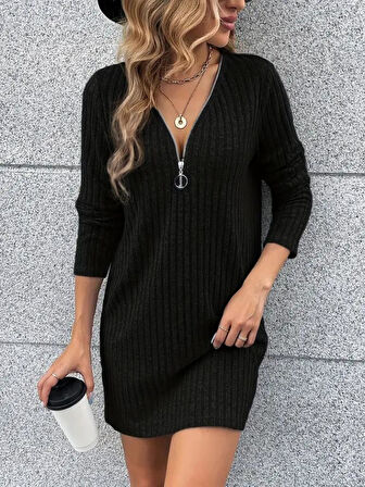 Kadın Uzun Kollu Yakadan Fermuarlı Kısa şardonlu Kaşkorse Elbise