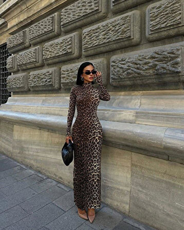 Kadın Uzun Kollu Balıkçı Yaka Gull Likralı Leopar Desen Maxi Boy Elbise
