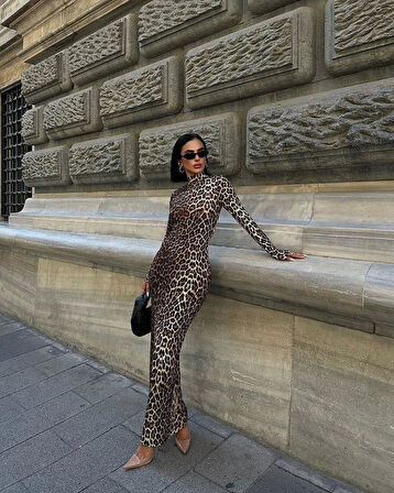 Kadın Uzun Kollu Balıkçı Yaka Gull Likralı Leopar Desen Maxi Boy Elbise