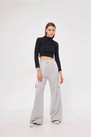 Kargo Cepli Palazzo Oversize Kesim İki Iplik Bol Paça Eşofman Altı Pantalon - Gri