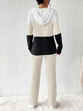 Kadın Uzun Kollu Kapşonlu Bağcıklı Blok Renkli şardonlu Kaşkorse Bluz Ve Pantolon Ikili Takım