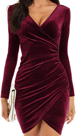 Kadın Uzun Kollu Kruvaze Yaka Büzgü Detay Fırsat ürün Mini Kadife Elbise