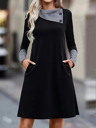 Kadın Uzun Kollu Yakadan Düğmeli Kısa Viskon Iki Iplik Elbise