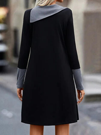 Kadın Uzun Kollu Yakadan Düğmeli Kısa Viskon Iki Iplik Elbise