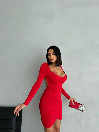 Kadın Uzun Kollu Göğüs Ve Sırt Dekolteli Kruvaze Etek Detay Fırsat ürün Mini Elbise
