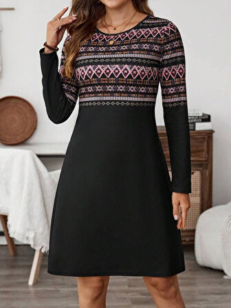 Kadın Uzun Kollu Bisiklet Yaka Etnik Desenli Kısa şardonlu Dalgıç Elbise