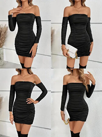 Kadın Uzun Kollu Omuzlardan Açık Takma Kollu Büzgülü Sandy Kısa Elbise