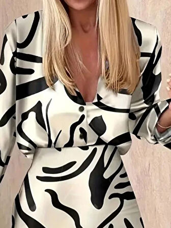 Kadın Uzun Kollu Yakalı önden Düğmeli Kısa Saten Elbise