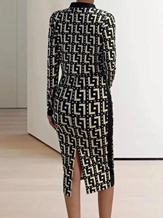 Kadın Uzun Kollu Askılı Yuvarlak Yaka Desenli Dalgıç Bluz Ceket Ve Etek üçlü Takım