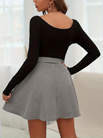 Kadın Uzun Kollu Yuvarlak Yakalı üst Viskon Alt Ekoseli Kosa Elbise