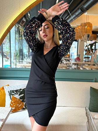 Kadın Uzun Kollu Pul Payetli Kruvaze Yaka Yandan Düğmeli Kısa Ithal Krep Elbise