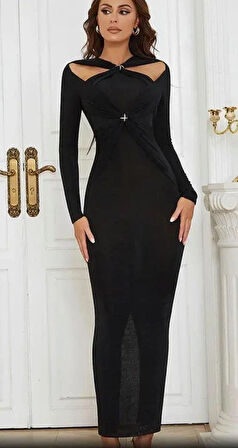 Kadın çapraz Omuz Dekolteli Toka Detay Fırsat ürün Maxi Boy Elbise