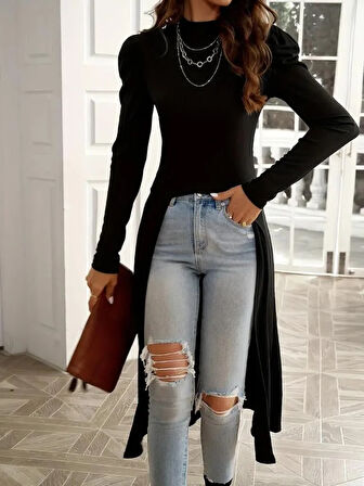 Kadın Uzun Balon Kollu Yarı Balıkçı Yaka önü Açık Kaşkorse Tunik