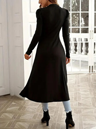 Kadın Uzun Balon Kollu Yarı Balıkçı Yaka önü Açık Kaşkorse Tunik