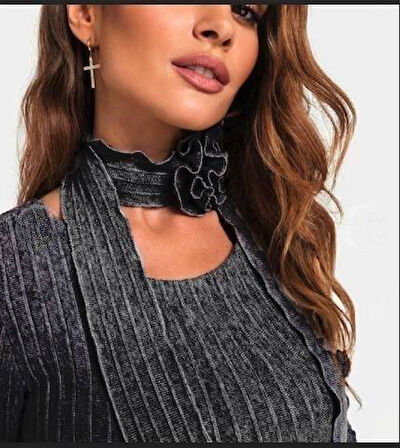 Kadın Eskitme Detay Fular Dahil Fırsat ürün Midi Boy Elbise