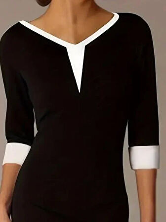 Kadın Fakir Kol V Yakalı Blok Renkli Kısa Janjan Krep Elbise