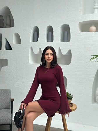 Sırt Pencereli Mini Triko Elbise - Bordo