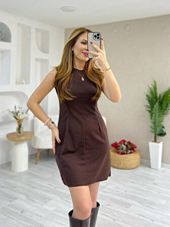 Kadın Bisiklet Yaka Plise Detay Kolsuz Mini Elbise