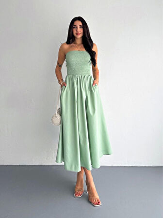 Straplez Pileli Elbise - Su Yeşili