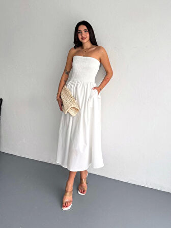 Straplez Pileli Elbise - Beyaz