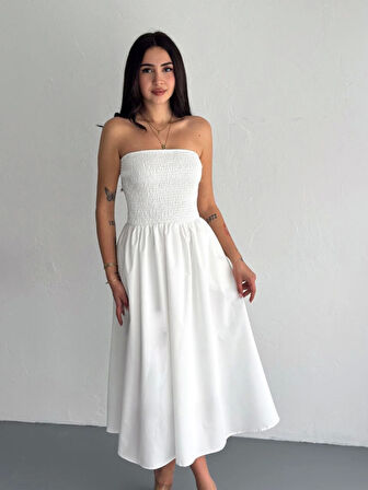 Straplez Pileli Elbise - Beyaz