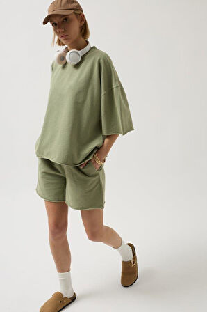 Oversize Lazer Kesim Bisiklet Yaka T-Shirt