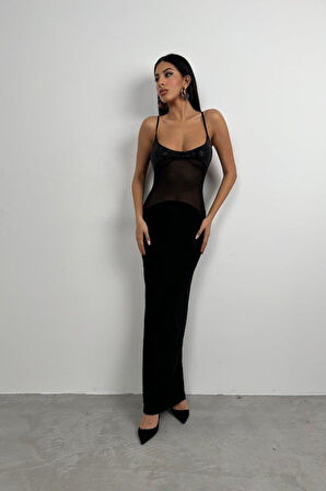 Tül Garnili Payetli Maxi Elbise