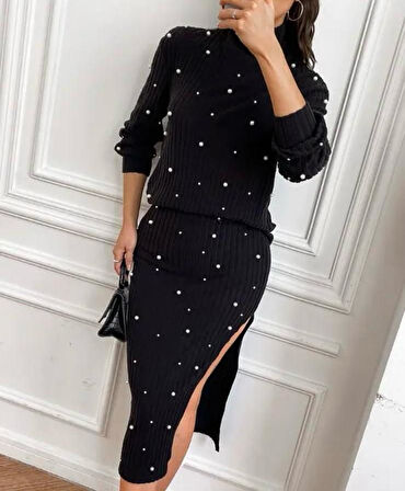 Kadın Eteği Yırtmaçlı Ottoman Kumaş Inci Detaylı Ikili Takım